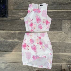 Lulus Two Piece Floral Skirt Set in White/Pink